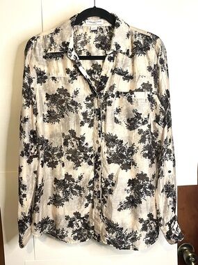 Coldwater Creek Women’s Size M Black & Beige Floral Sheer Button-Up Blouse